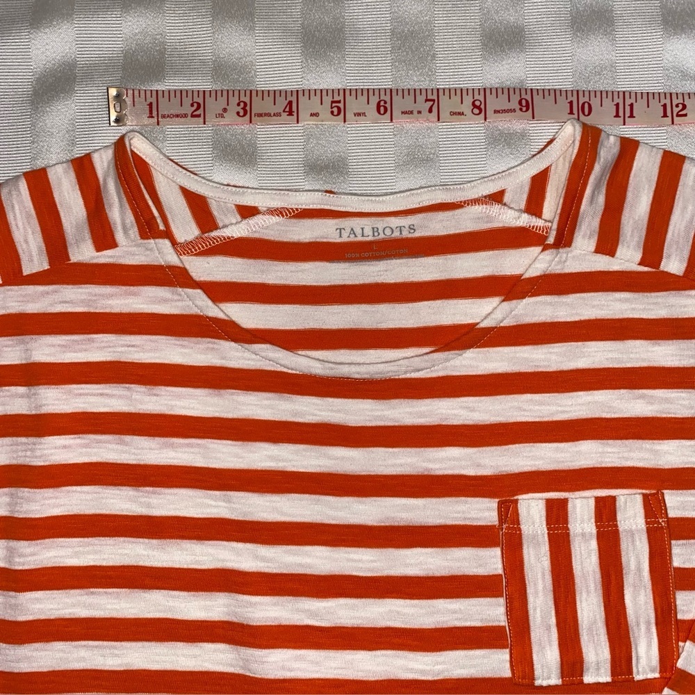 Talbots Orange & White Sz L Striped Cotton Top with pocket 3/4 Sleeves - Picture 2 of 12